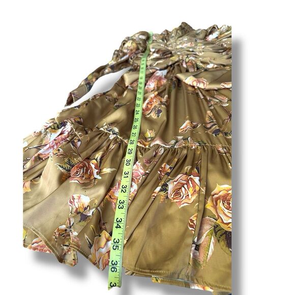Beulah Style Satin Long Sleeve Ruched Mini Dress Gold Floral Small - Picture 10 of 12